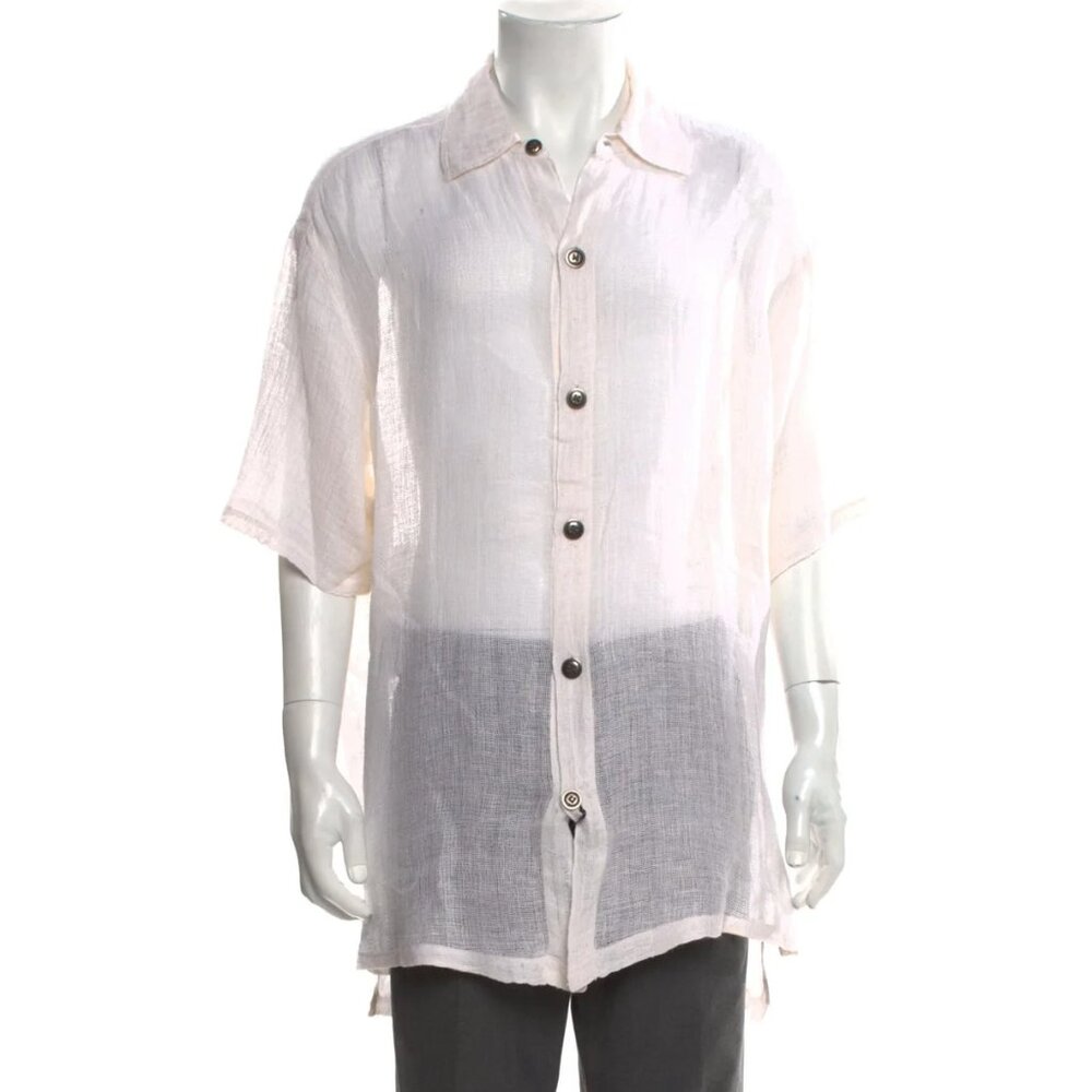 BNWT Greg Lauren White Mesh Handstiched Short-Sleeve Shirt, Size 4 Large L
